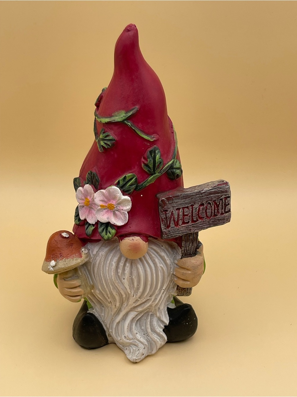 Red Garden Gnome Figurine with Welcome Sign, Preowned